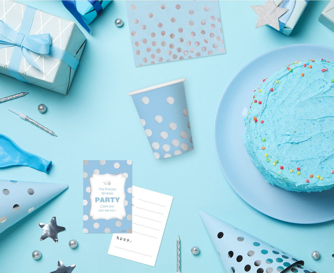 Invitations with envelope "Silver dots", blue, 6 pcs EOL